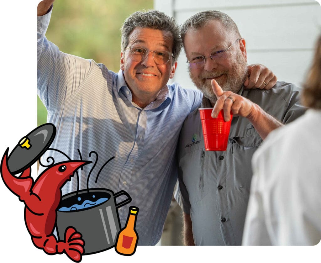 nativstate employees saying hi to camera with crawfish logo overlayed