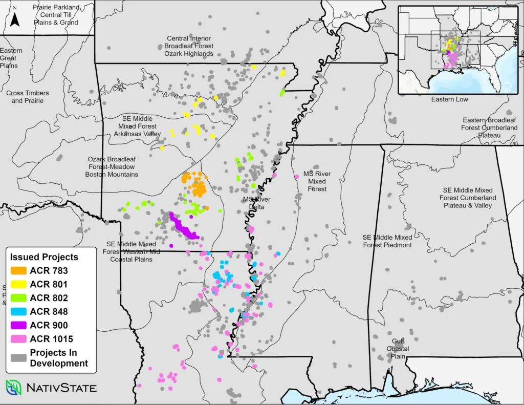 GIS data map showing Arkansas, Lousiana, and surrounding area along with locations of carbon projects.